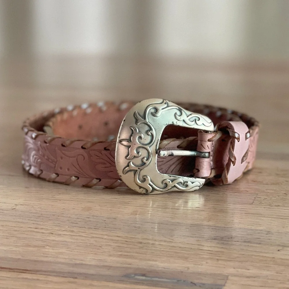 Vintage Western Pink Floral Embossed Leather Whipstitch Belt Silver Buckle S